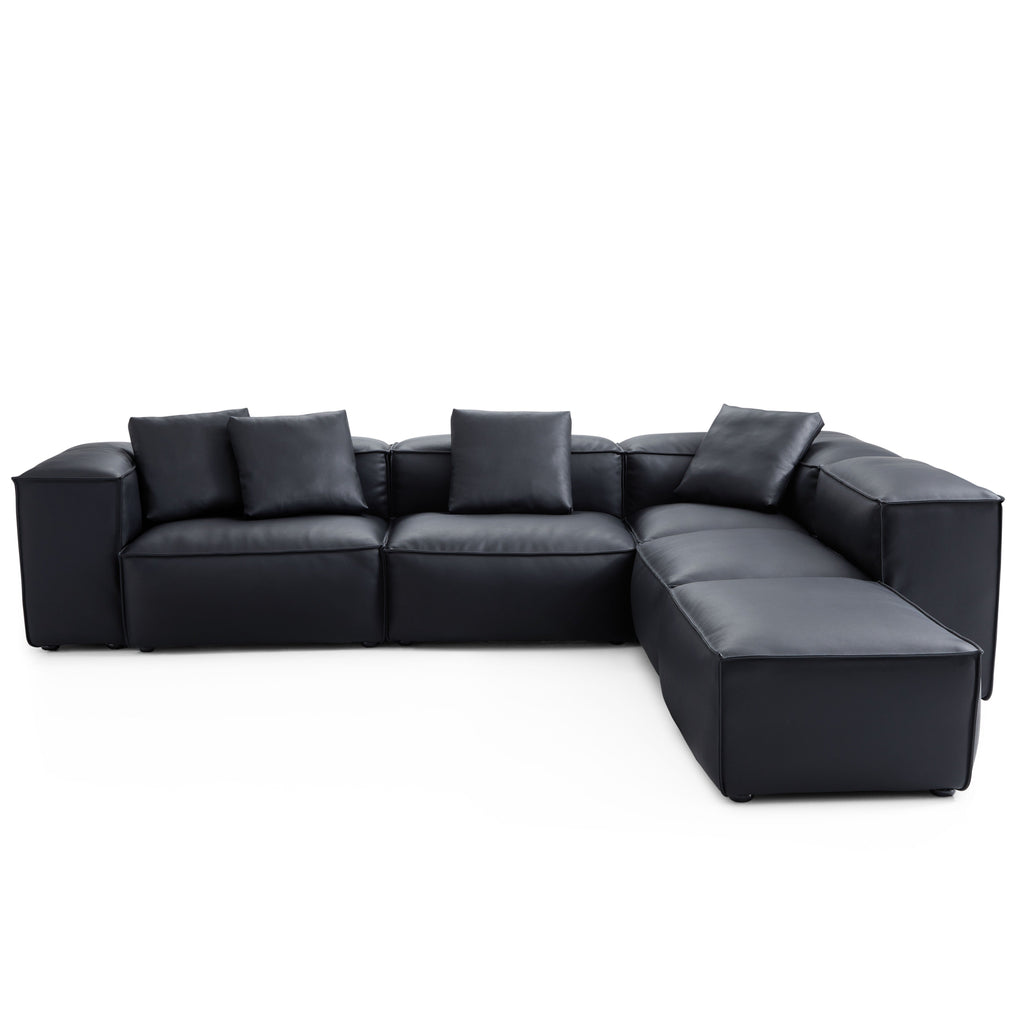 Cube Modular Balck Genuine Leather Corner Sectional With Ottoman