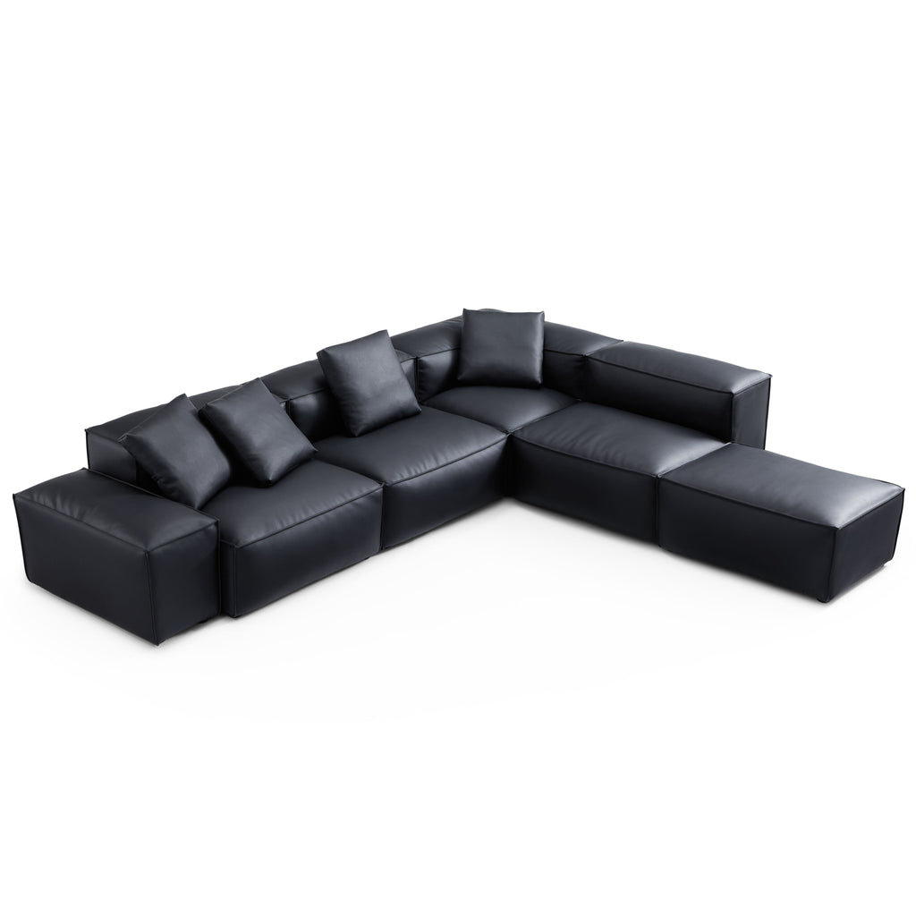 Cube Modular Balck Genuine Leather Corner Sectional With Ottoman