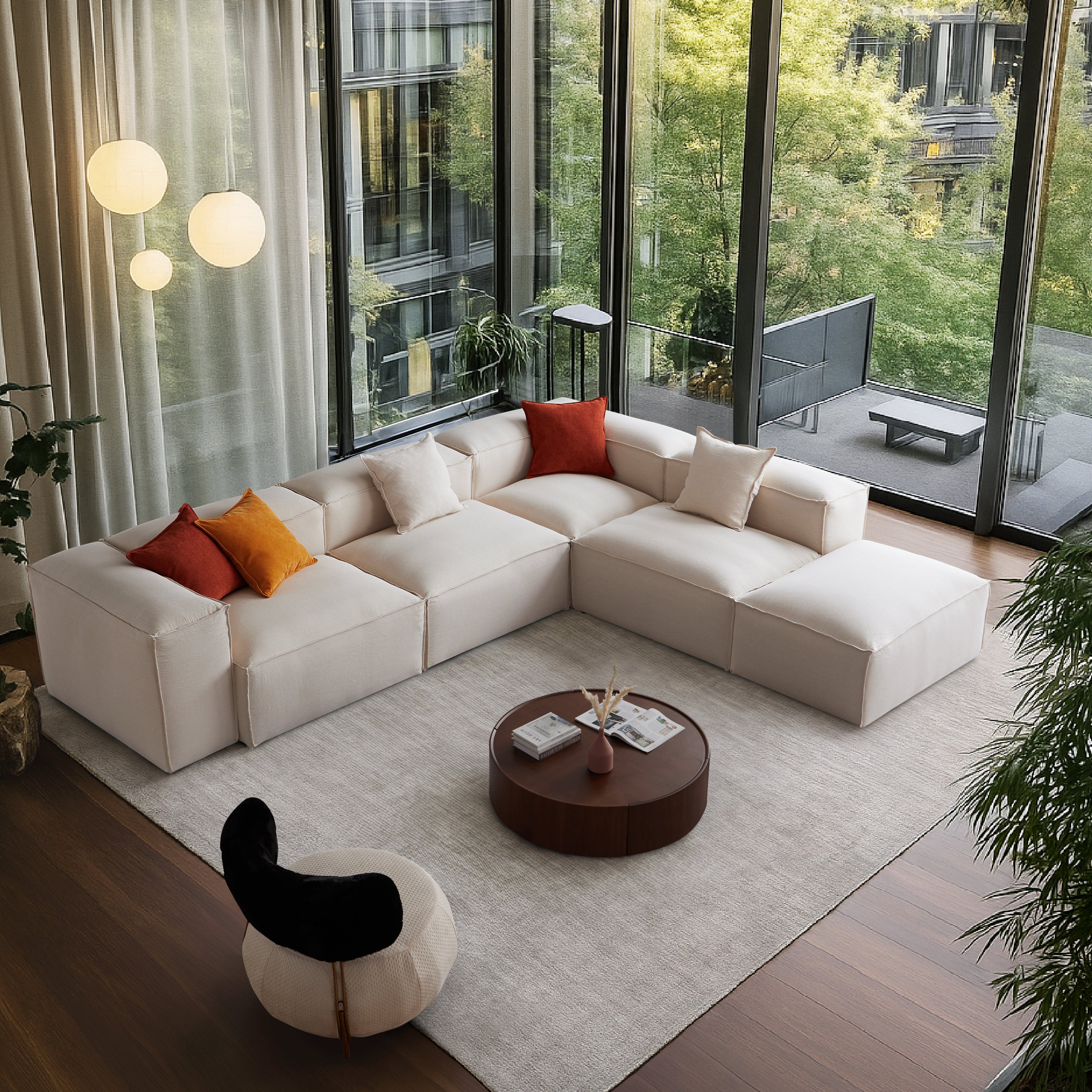 Canapé modulable blanc en L et pouf Freedom