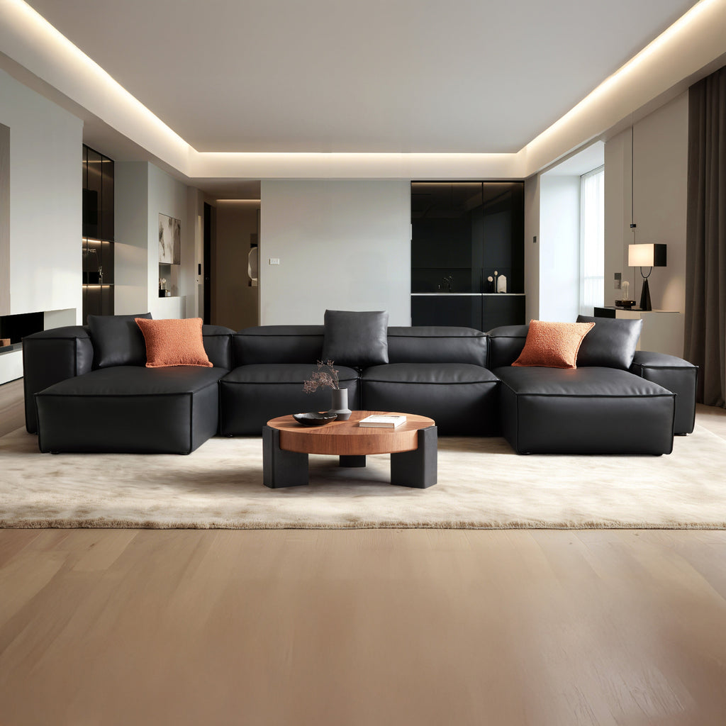 Cube Modular Black Genuine Leather Double Chaise Sectional