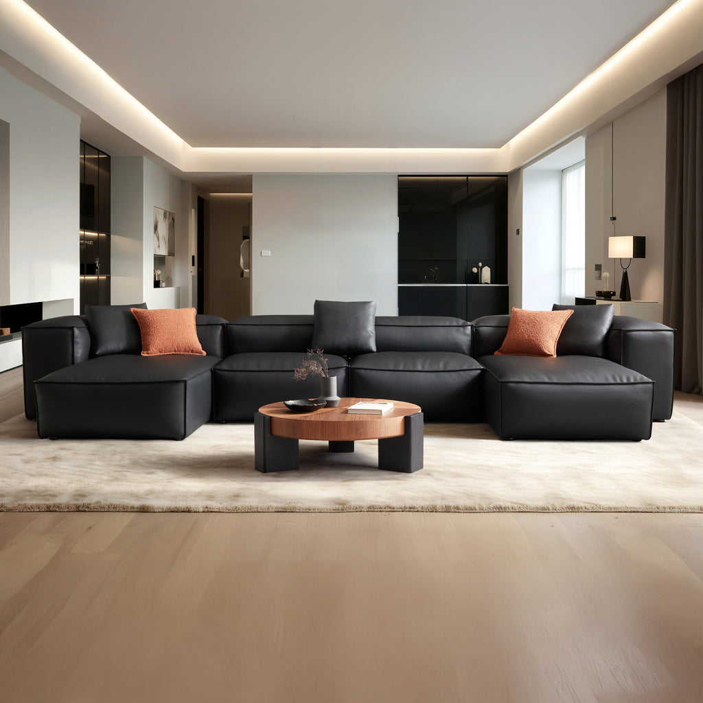 Cube Modular Black Genuine Leather Double Chaise Sectional