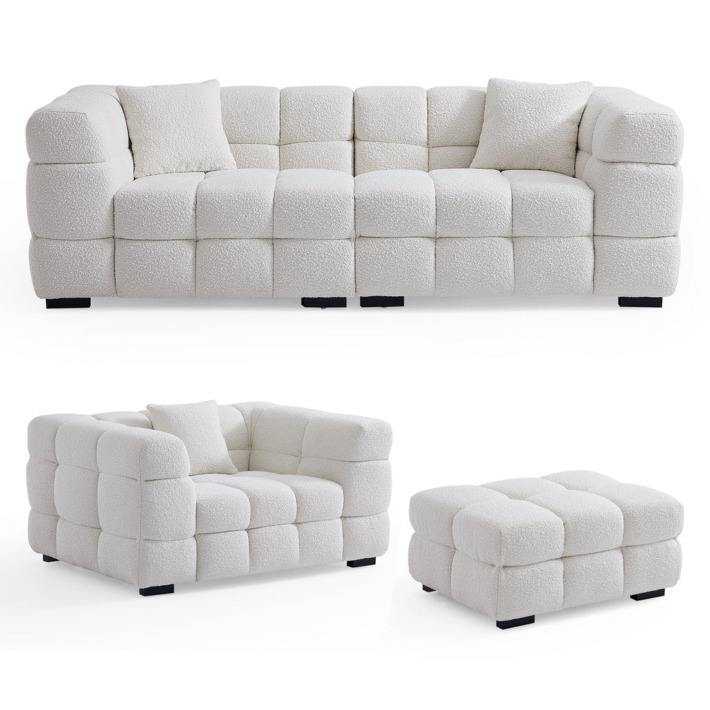 Cushy White Boucle Fabric Tufted Sofa Set