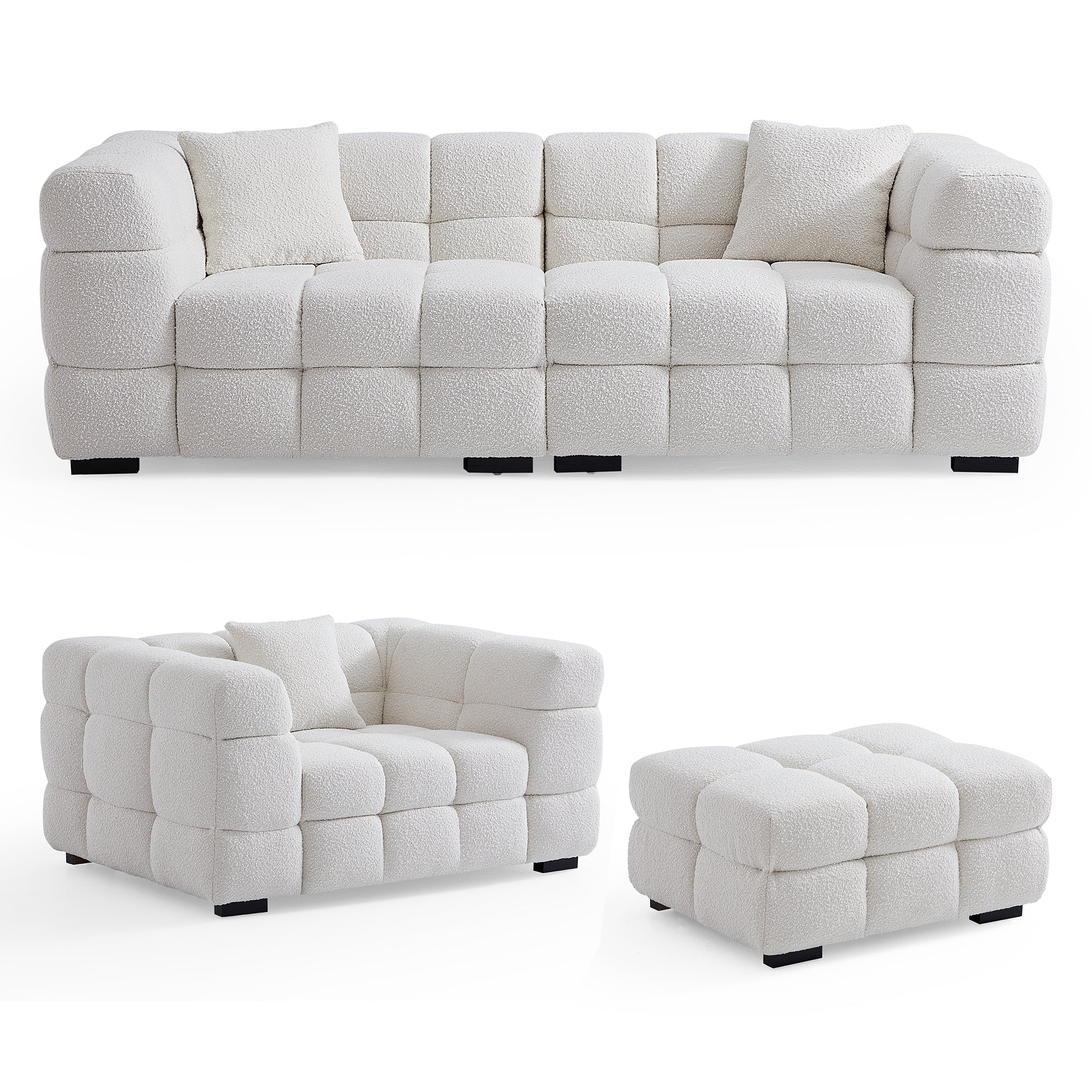 Cushy White Boucle Fabric Tufted Sofa Set