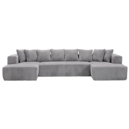 Canapé modulable réversible 4 places en U 130 en velours côtelé rayé gris – Agencement personnalisable pour salon et chambre