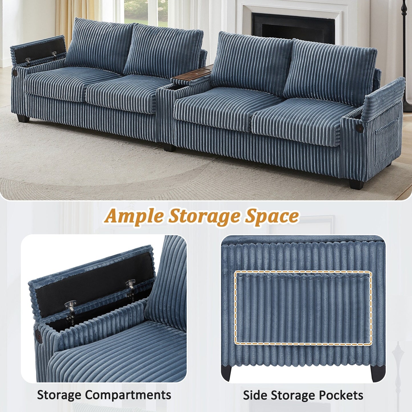 Canapé 4 places en velours côtelé 133 - Canapé de rangement moderne avec ports USB et porte-gobelets rabattables
