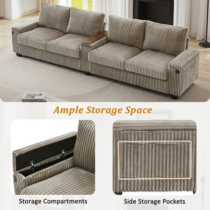 Canapé 4 places en velours côtelé 133 - Canapé de rangement moderne avec ports USB et porte-gobelets rabattables