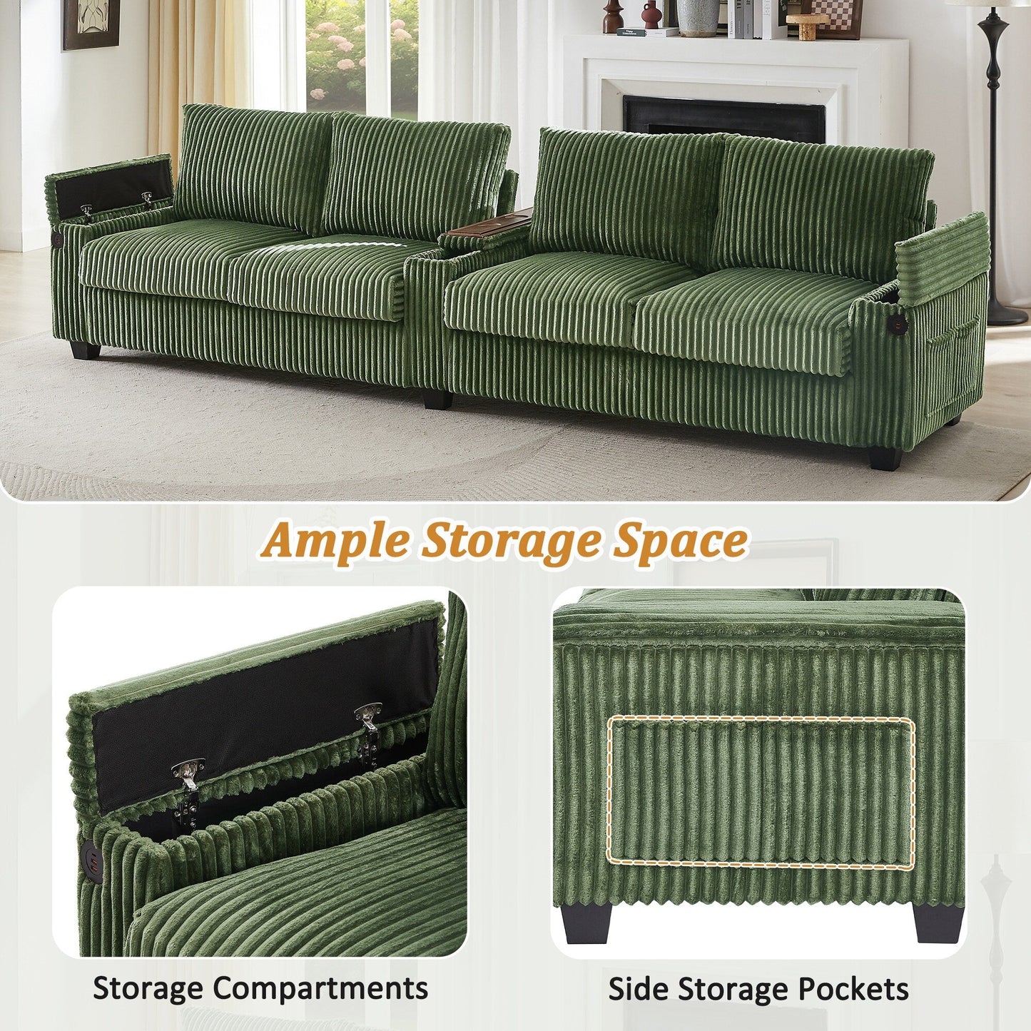 Canapé 4 places en velours côtelé 133 - Canapé de rangement moderne avec ports USB et porte-gobelets rabattables