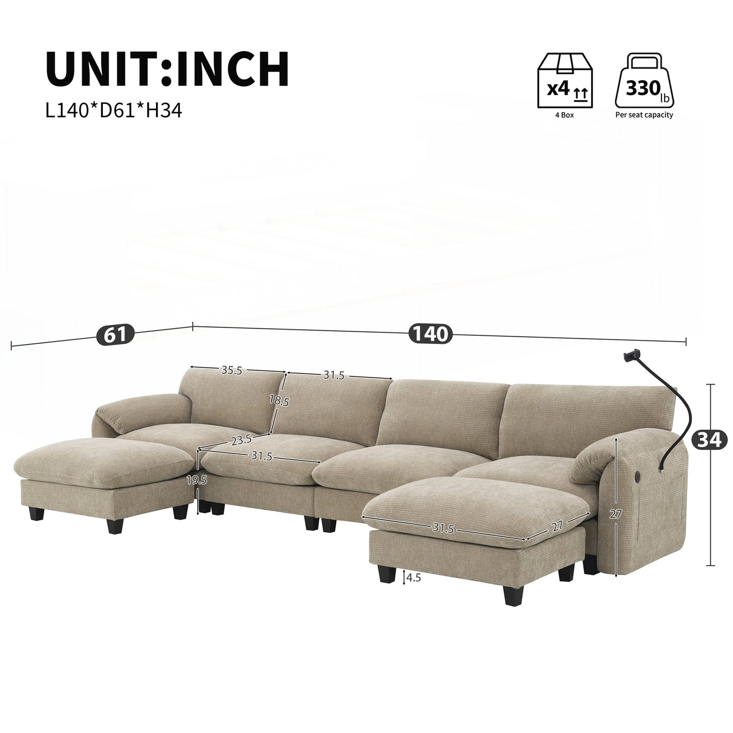 Canapé sectionnel modulaire de 140 pouces