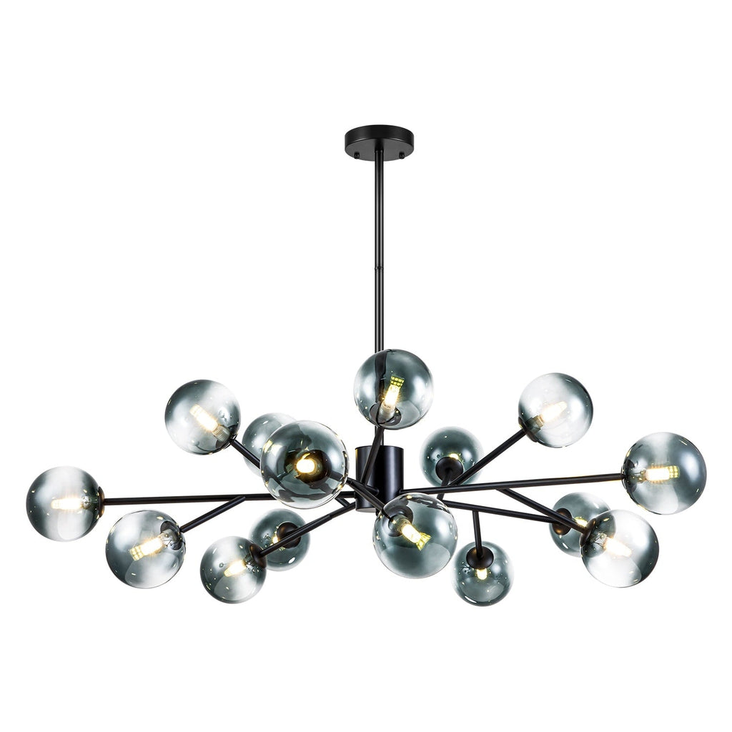 Lustre linéaire moderne à 15 lumières pour îlot de cuisine Sputnik, composé de branches et de bulles en verre