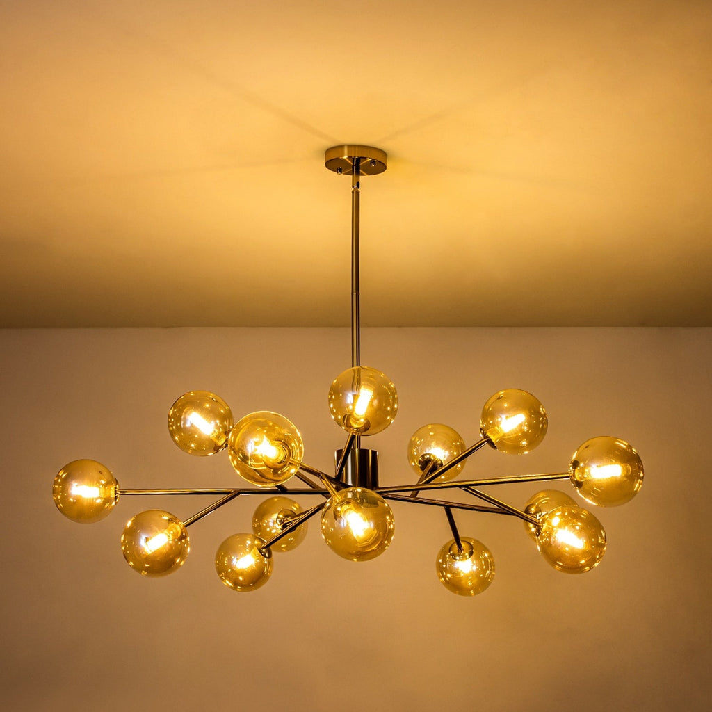 Lustre linéaire moderne à 15 lumières pour îlot de cuisine Sputnik, composé de branches et de bulles en verre