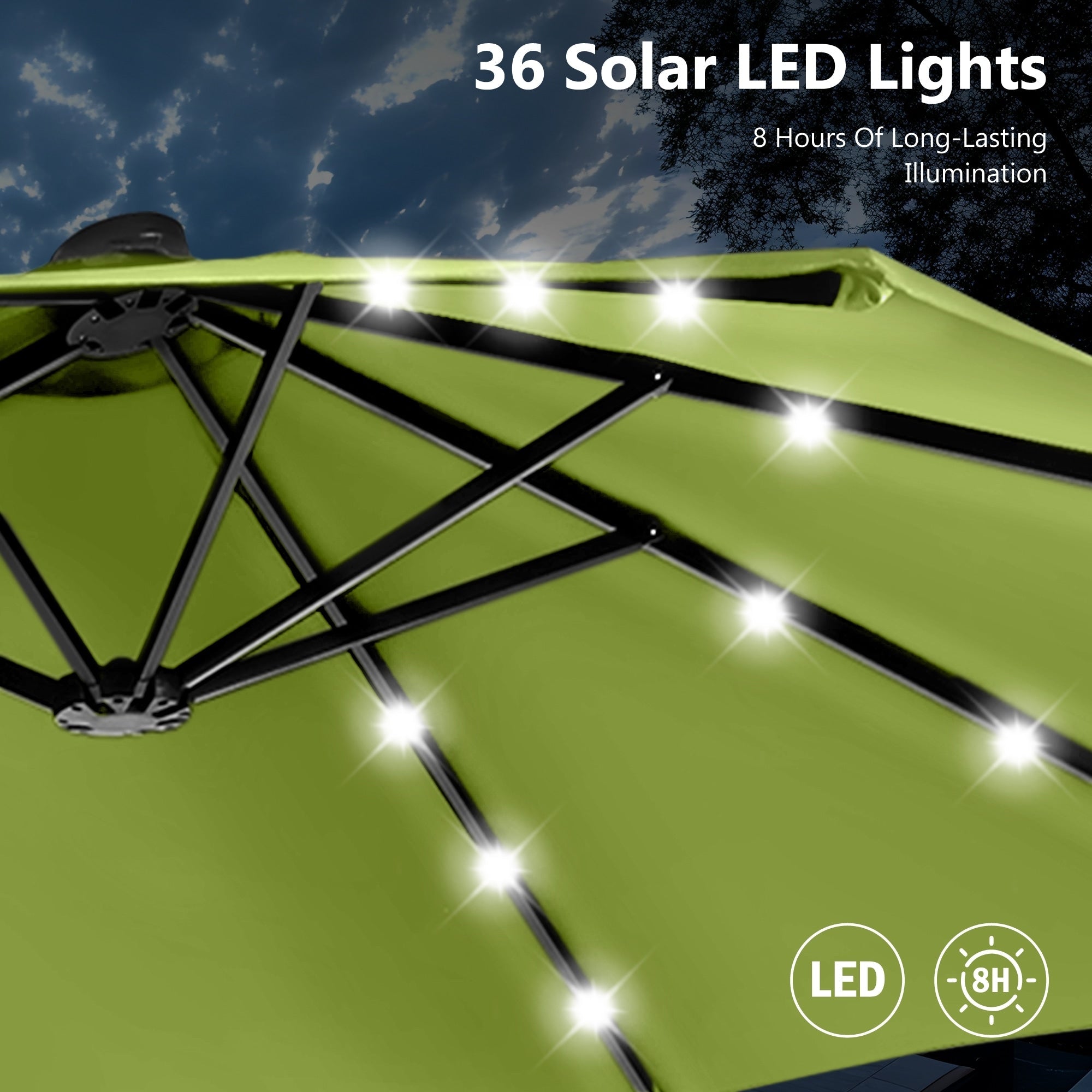 MAISON ARTS 15-foot Rectangular Crank Double-sided Outdoor Market Umbrella Solar LED Lighted Patio Umbrella with Base Included