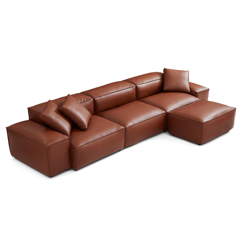 Cube Modular Brown Genuine Leather Sofa with Ottoman