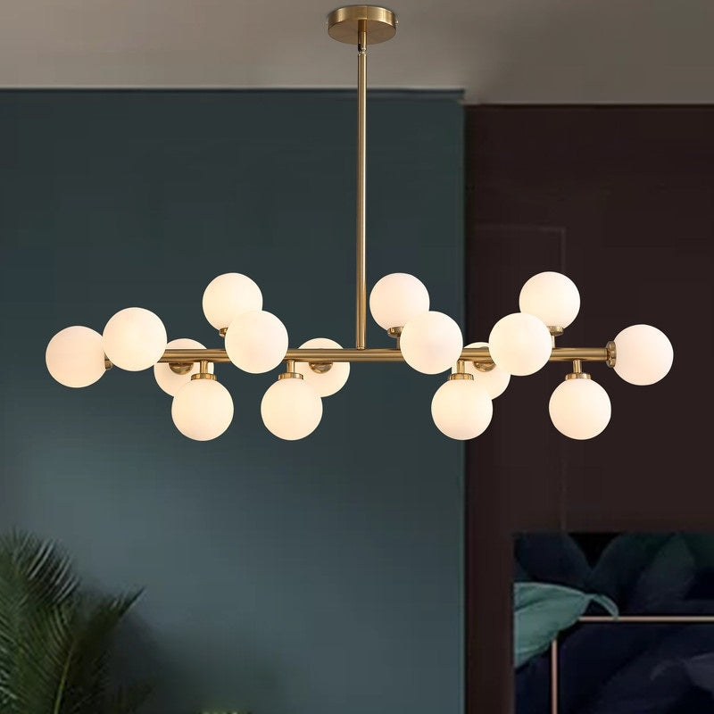 Lustre linéaire moderne du milieu du siècle de 40 po, suspension Spoutnik à 16 ampoules en laiton doré avec globe en verre dépoli pour salle à manger