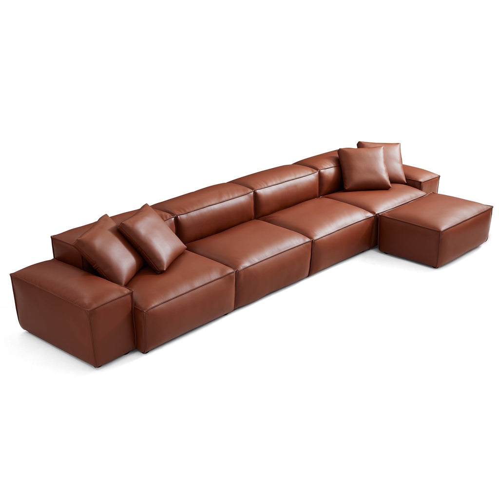 Cube Modular Brown Genuine Leather Sofa with Ottoman