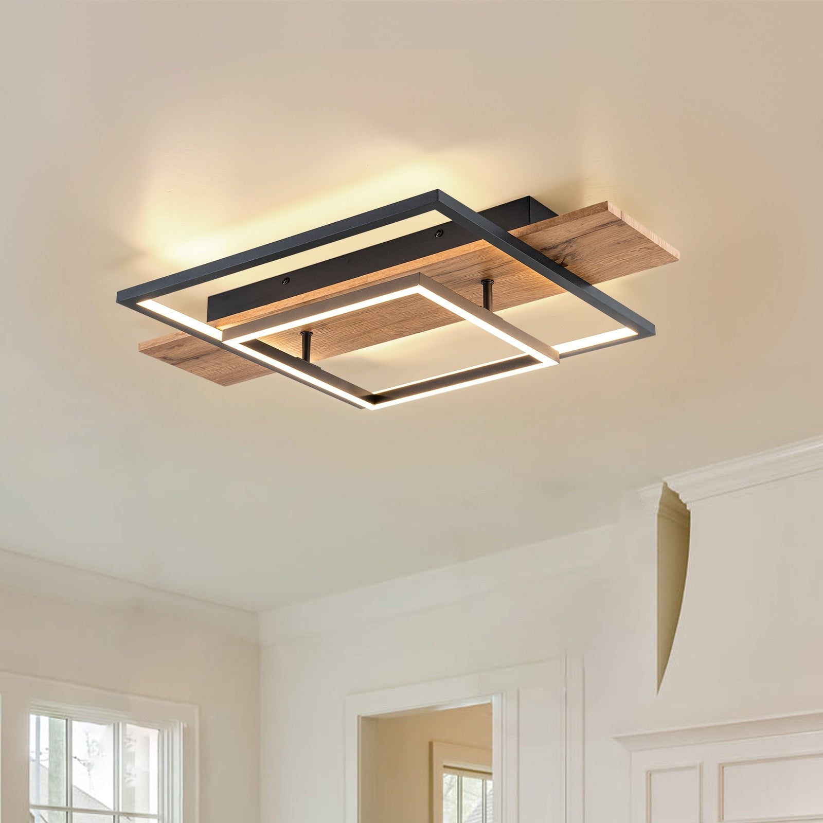 Plafonnier semi-encastré rectangulaire à LED intégré en bois pour couloir et hall d'entrée