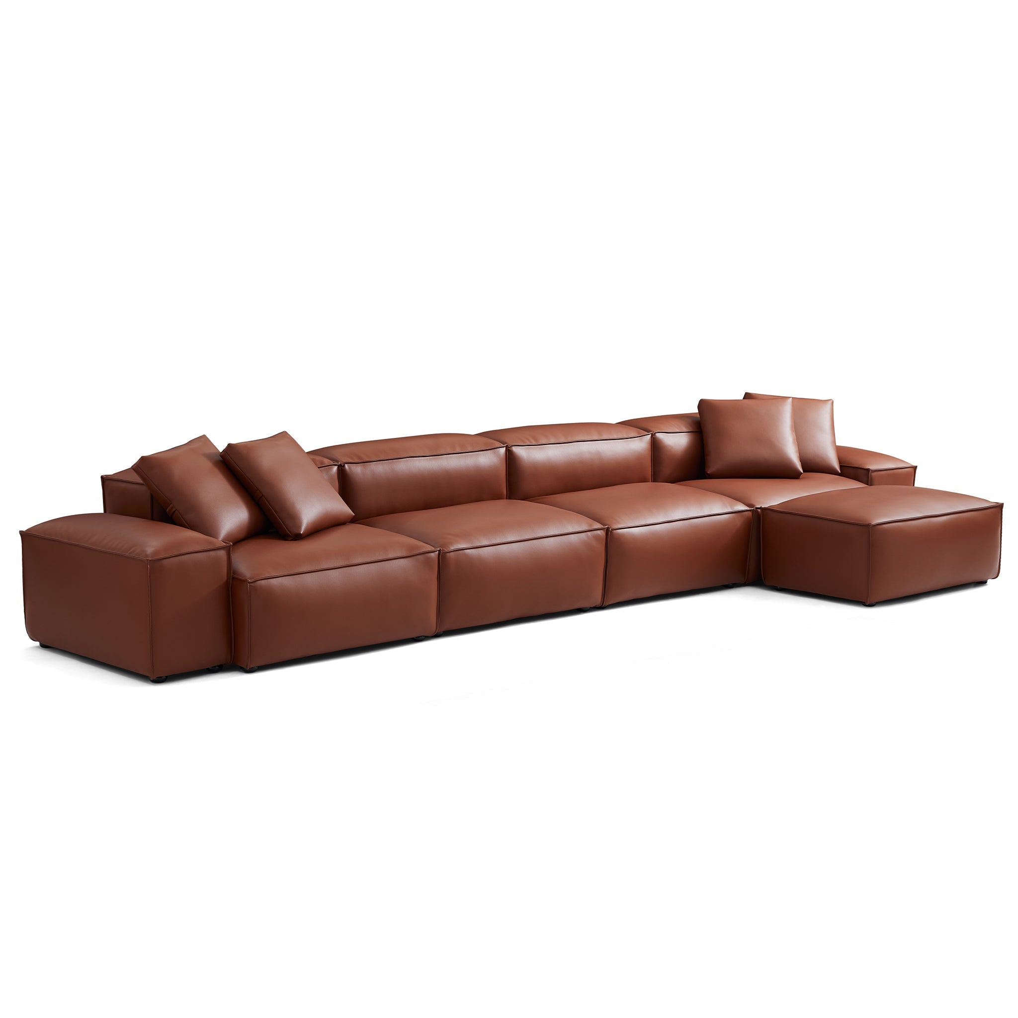Cube Modular Brown Genuine Leather Sofa with Ottoman