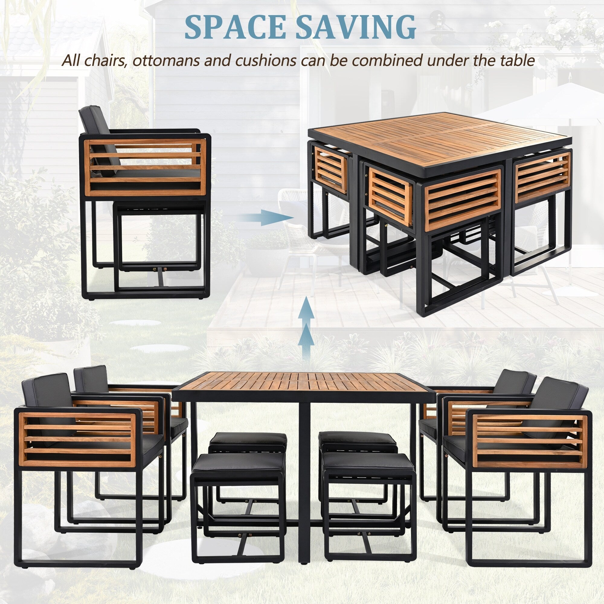 Ensemble de salle à manger de patio en bois d'acacia 18 pièces, 8 chaises rembourrées, 8 poufs et 2 tables carrées