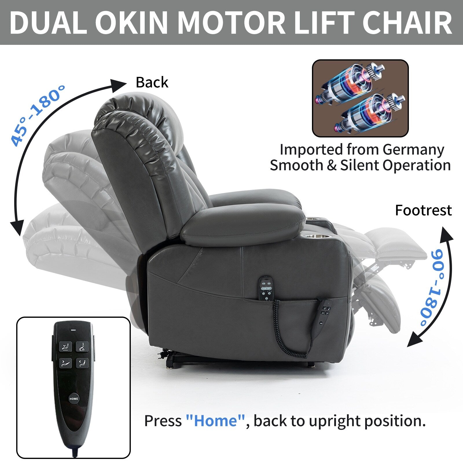 Fauteuil inclinable électrique à 180°, double moteur, porte-gobelets en acier inoxydable