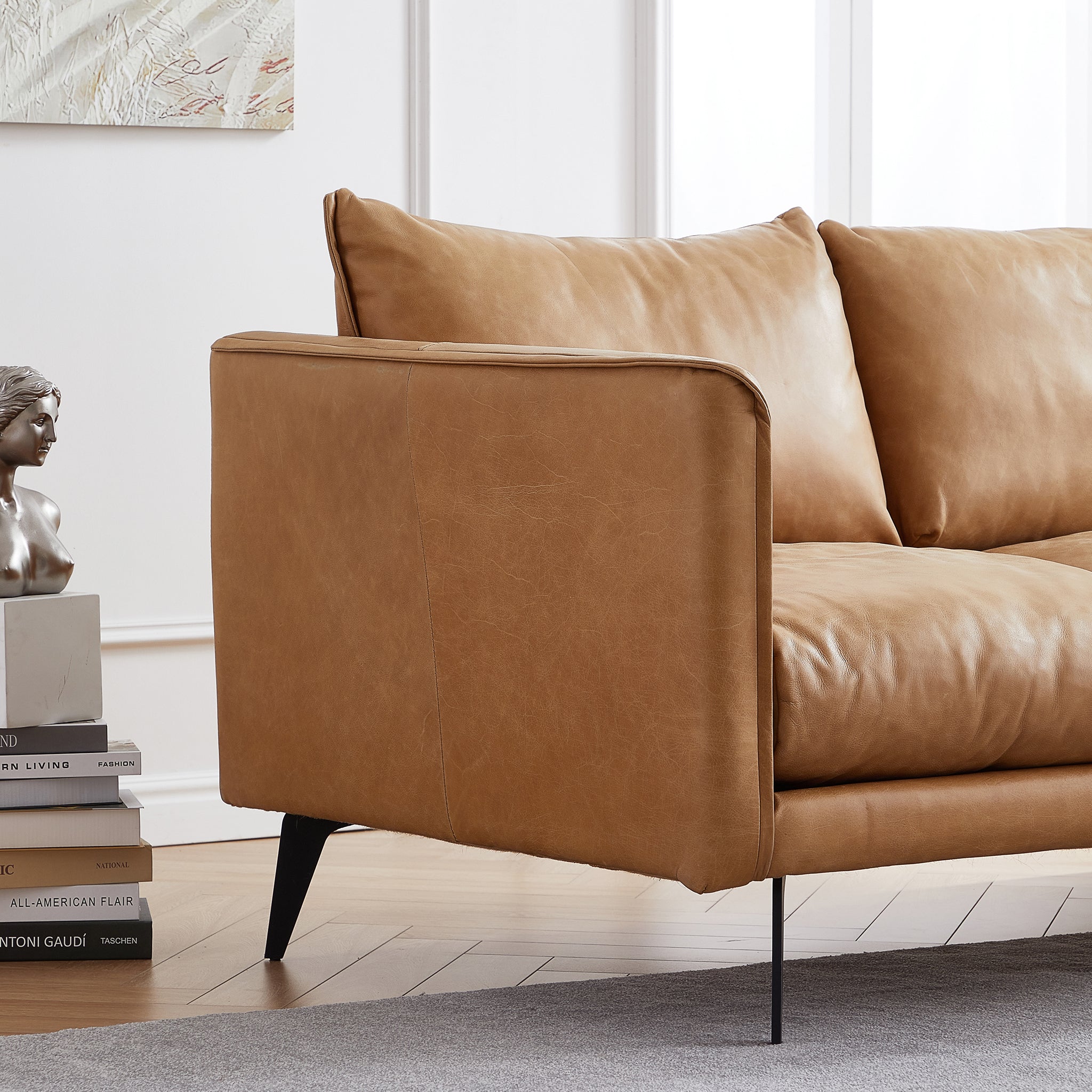 Cognac Tan Genuine Leather Straight Back Sofa
