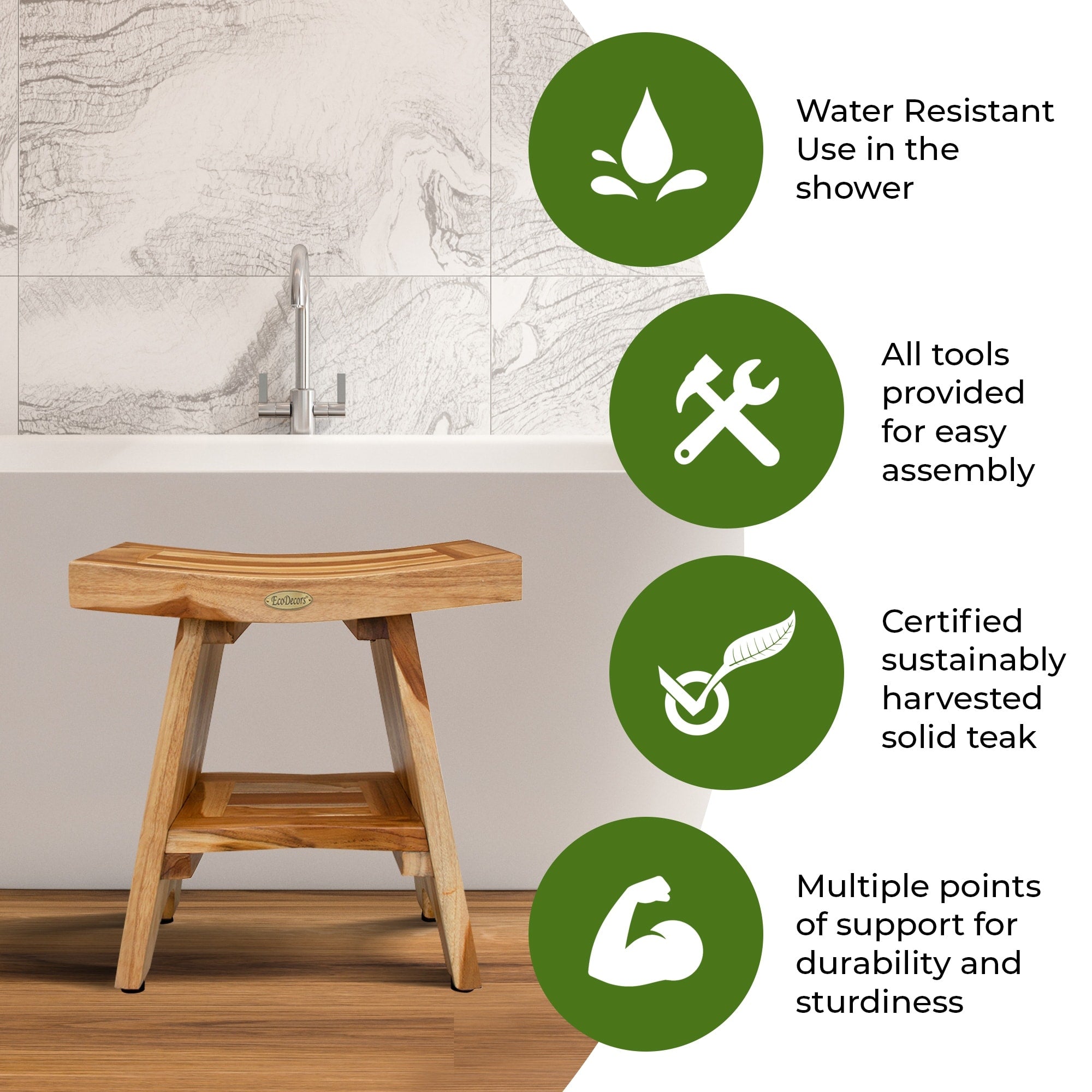 EcoDecors, Serenity, Banc de douche en teck, Tabouret de douche en teck, Banc de douche d'angle en teck, 45 cm, avec étagère