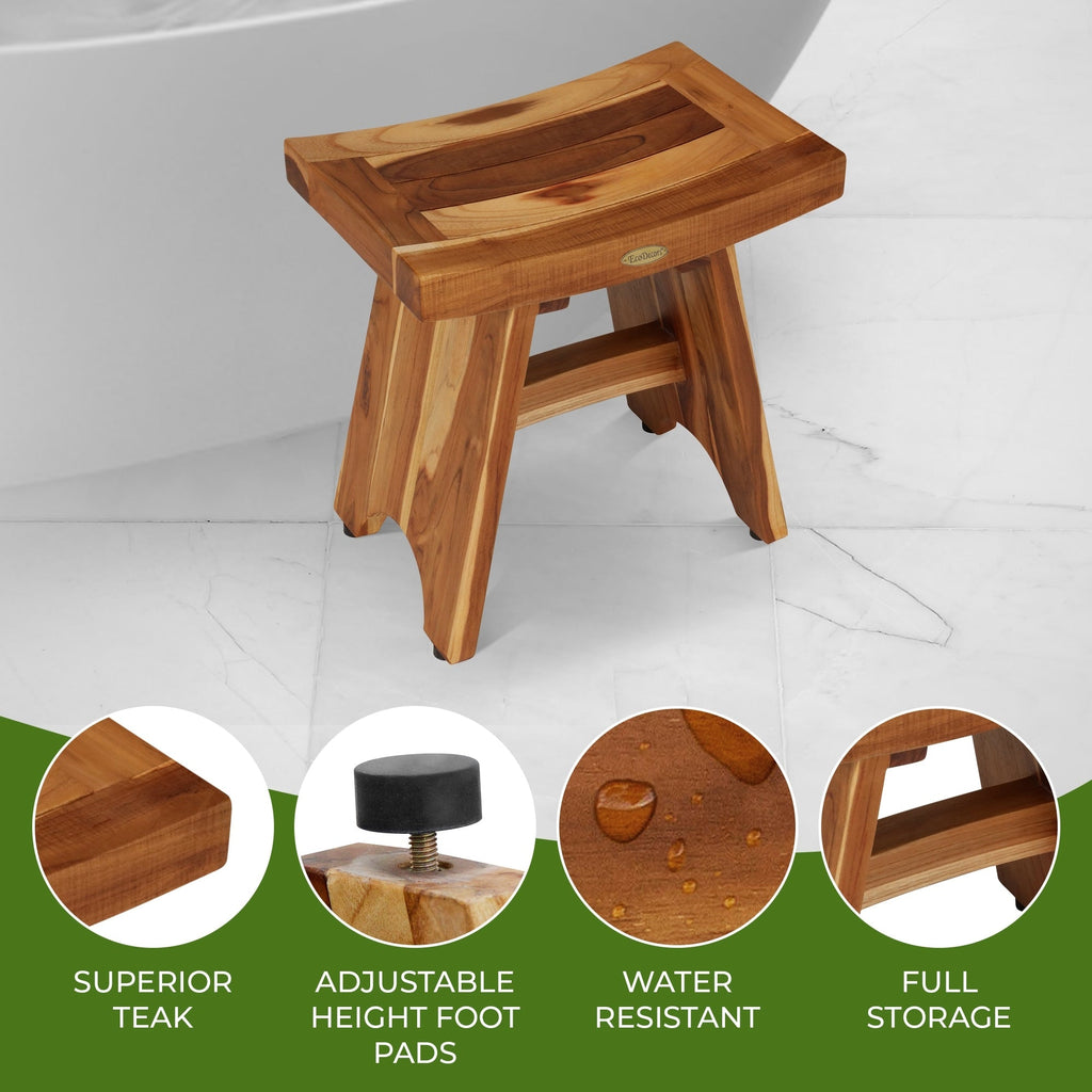 EcoDecors, Serenity, Banc de douche en teck, Tabouret de douche en teck, Banc de douche d'angle en teck, 45 cm, avec étagère