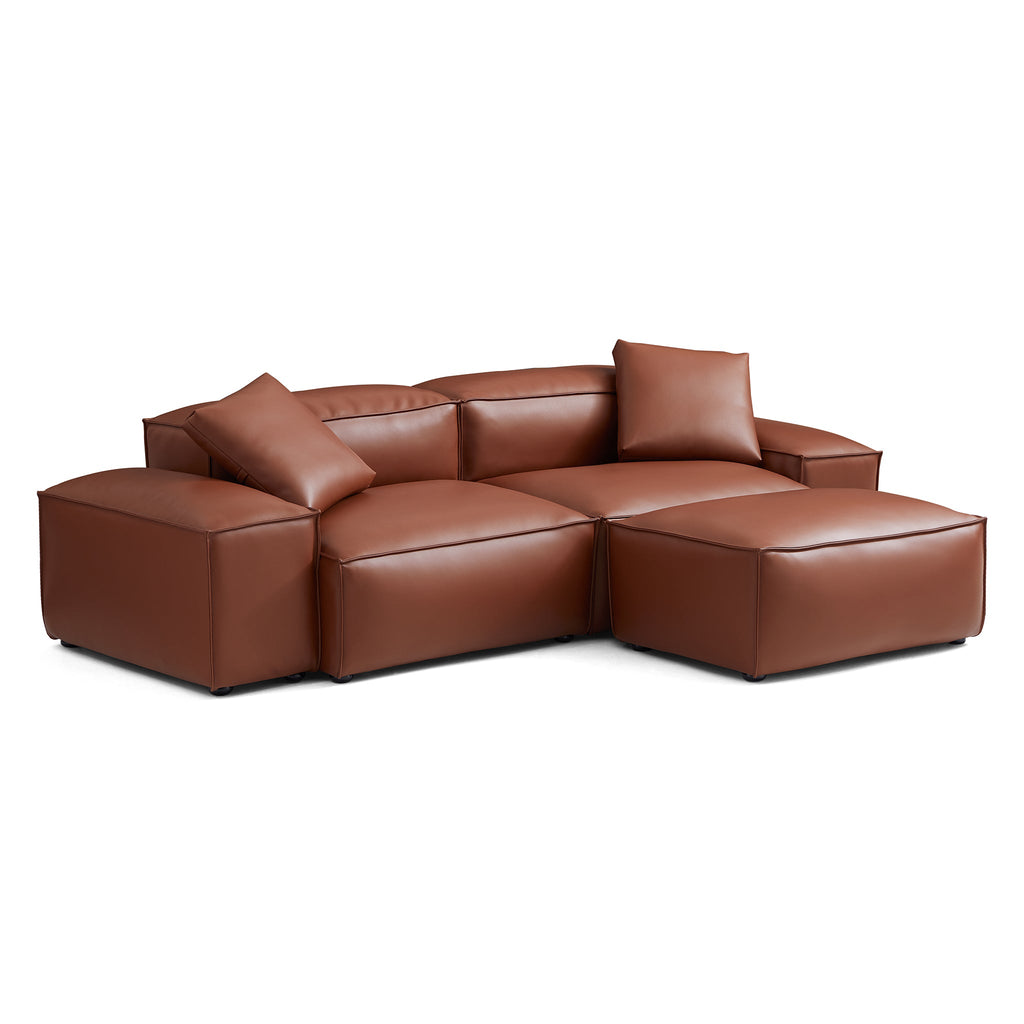 Cube Modular Brown Genuine Leather Sofa with Ottoman