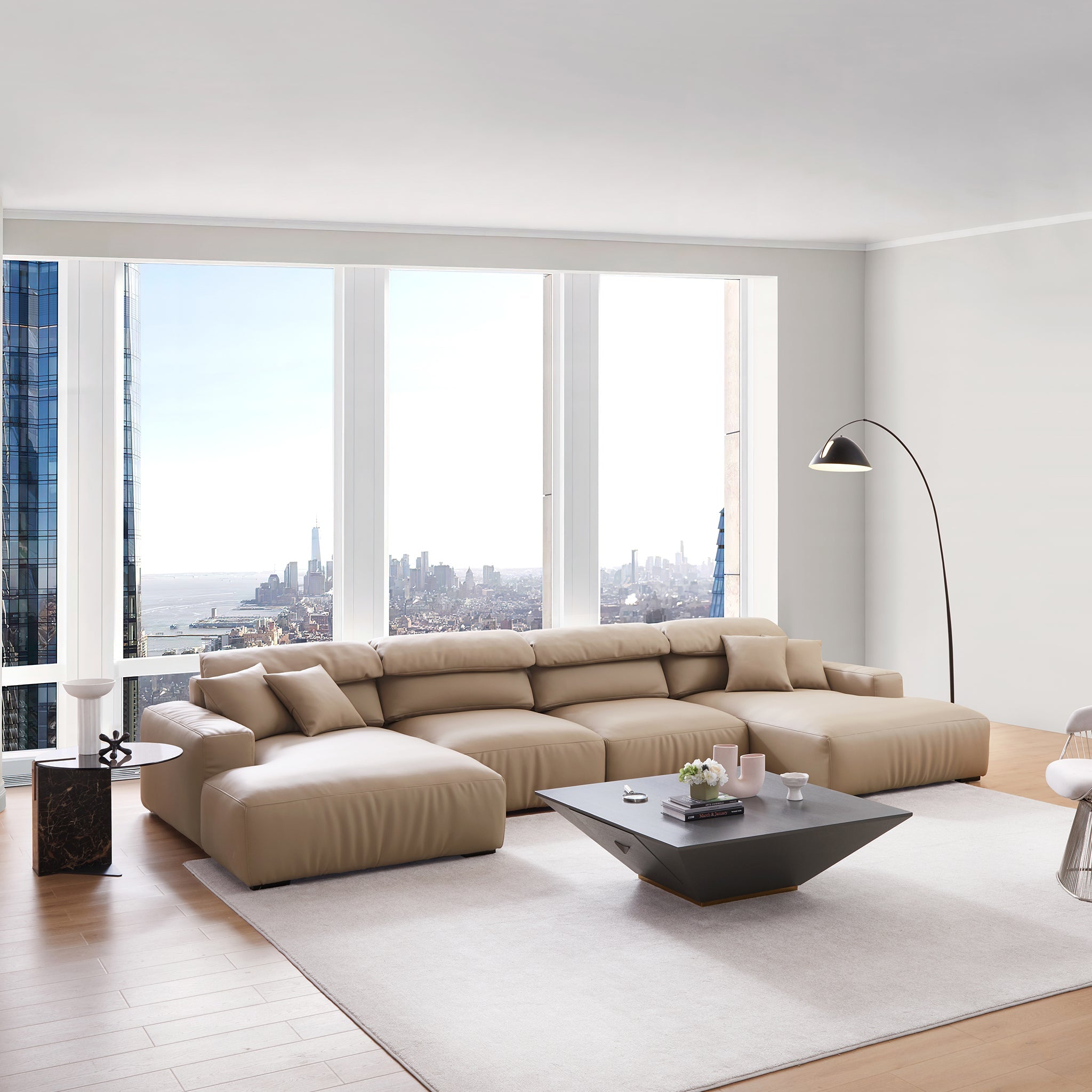 Chestnut Khaki Leather Double Chaise Sectional