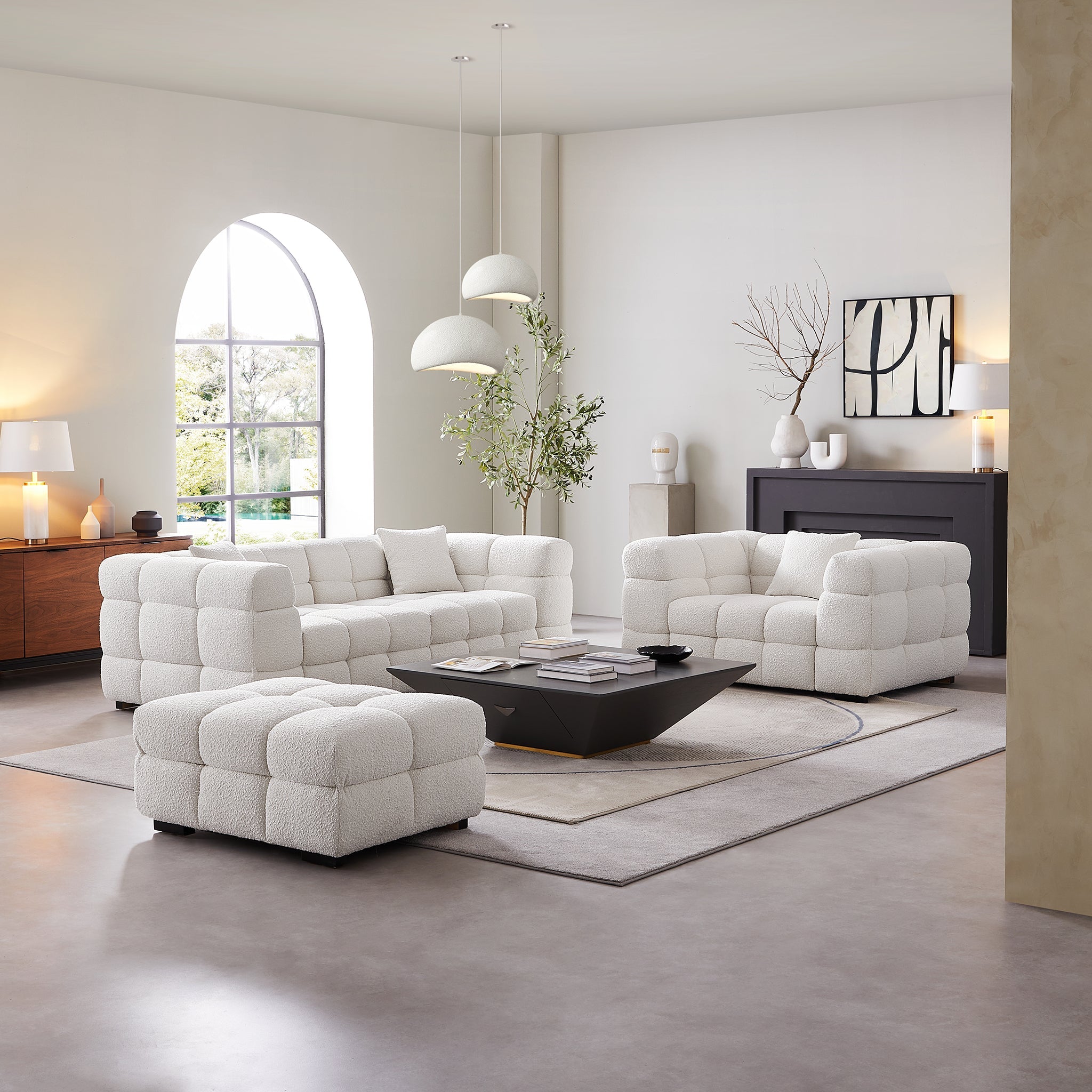Cushy White Boucle Fabric Tufted Sofa Set
