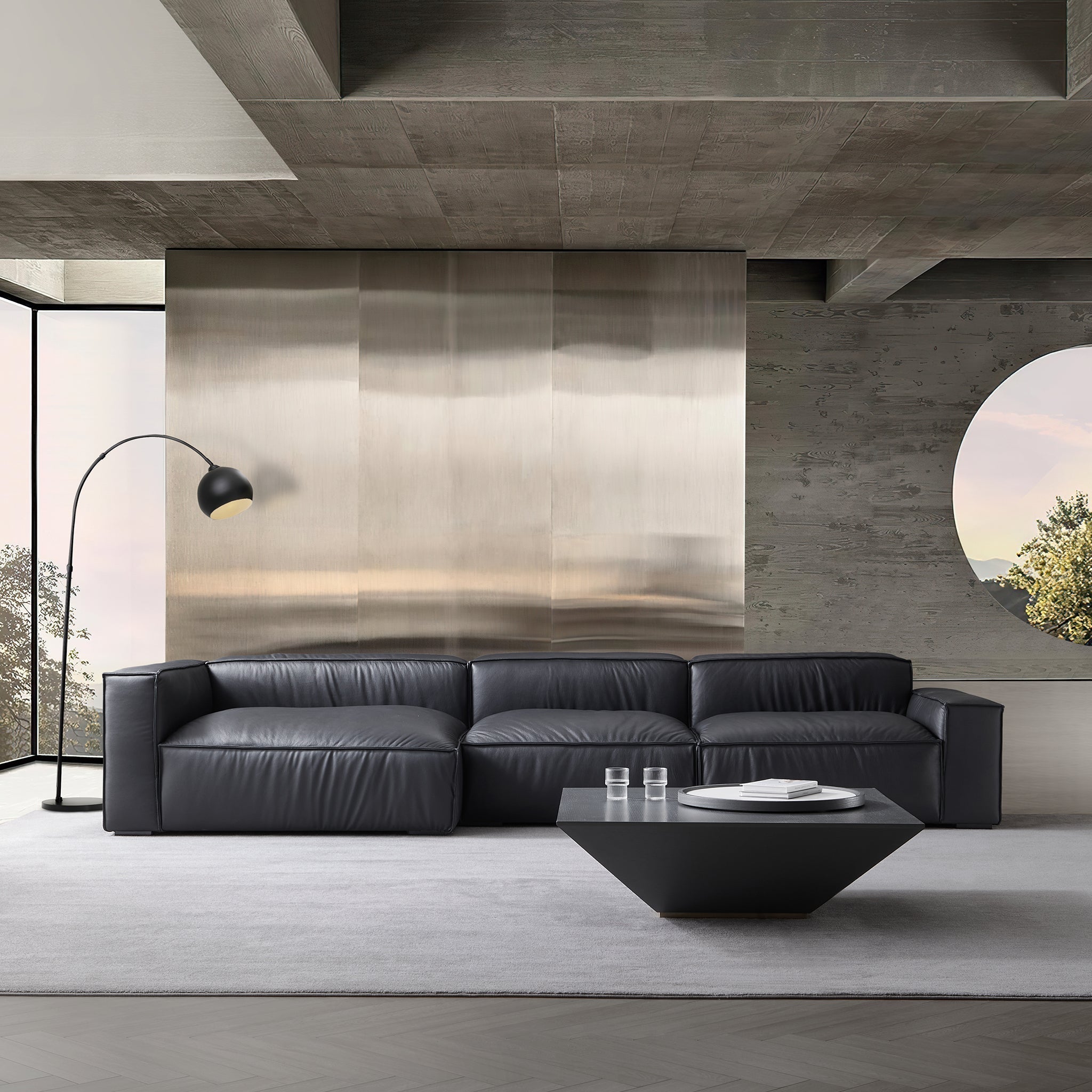 Canapé d'angle minimaliste de luxe en cuir marron foncé