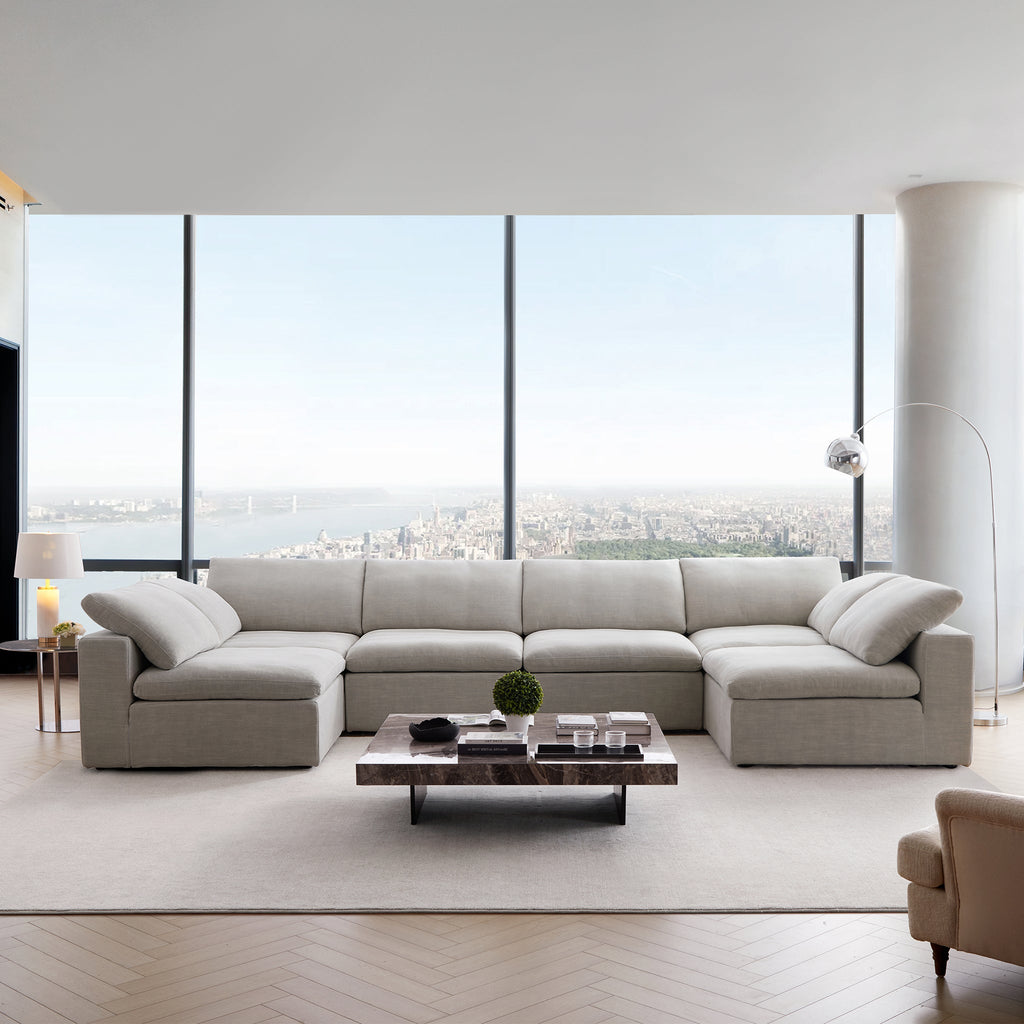 Canapé d'angle en U gris tendre Wabi-Sabi avec extrémités ouvertes