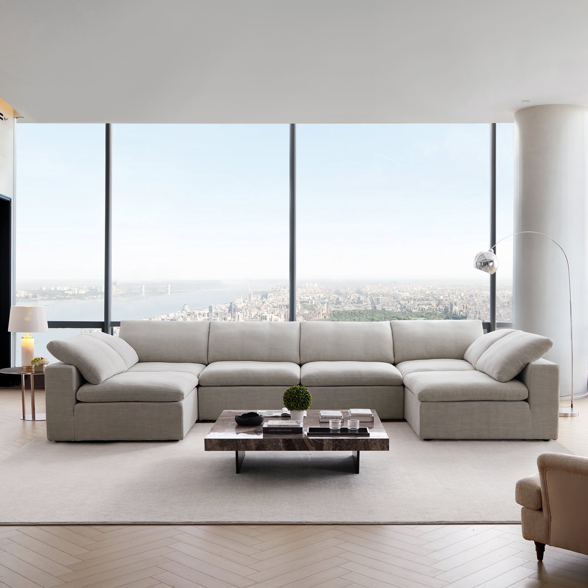 Canapé d'angle en U gris tendre Wabi-Sabi avec extrémités ouvertes