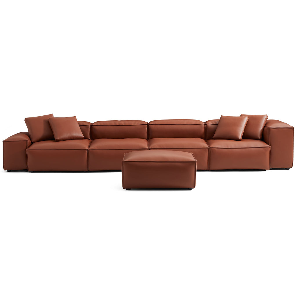 Cube Modular Brown Genuine Leather Sofa with Ottoman