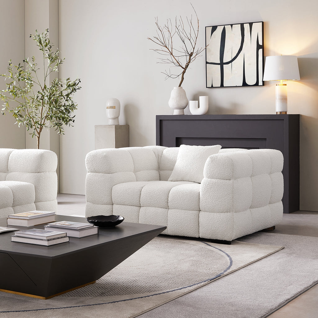 Cushy White Boucle Fabric Tufted Armchair