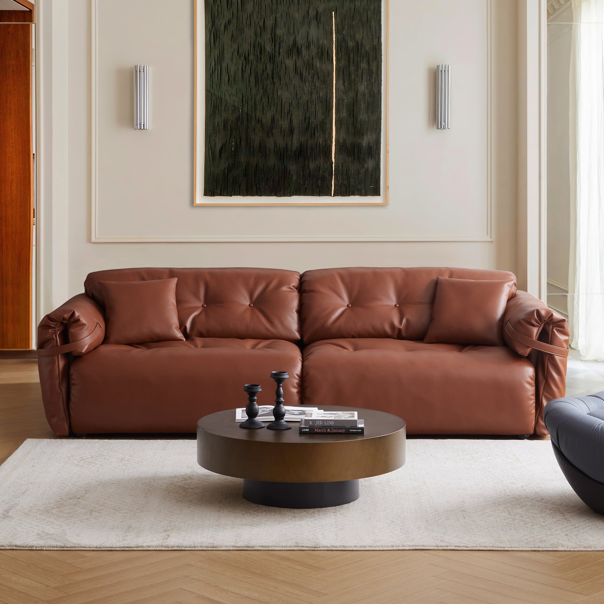 Butter Tufted Reddish Brown Genuine Leather Sofa