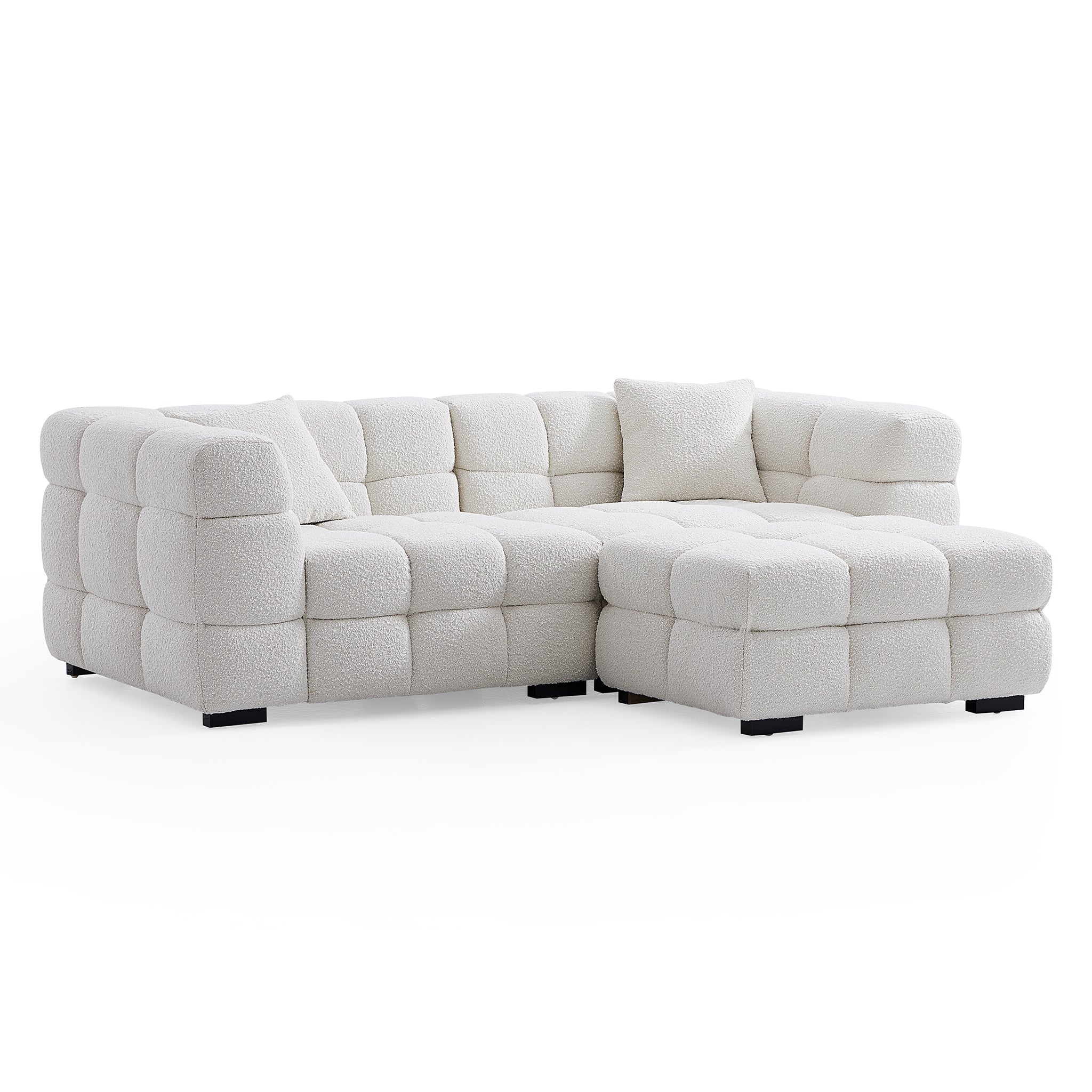 Cushy White Boucle Fabric Tufted Sofa With Ottoman