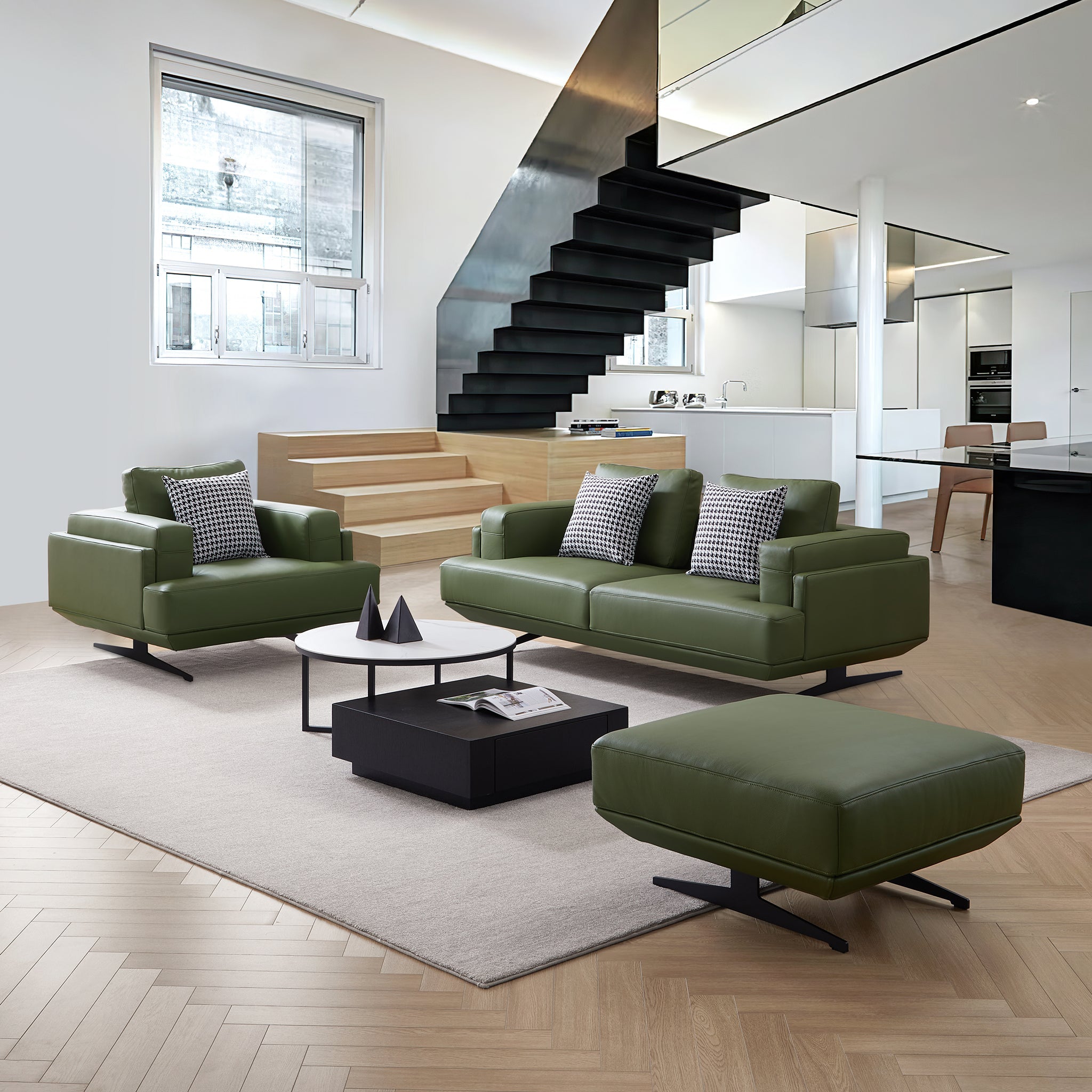 Olivia Green Top Grain Genuine Leather Sofa Set