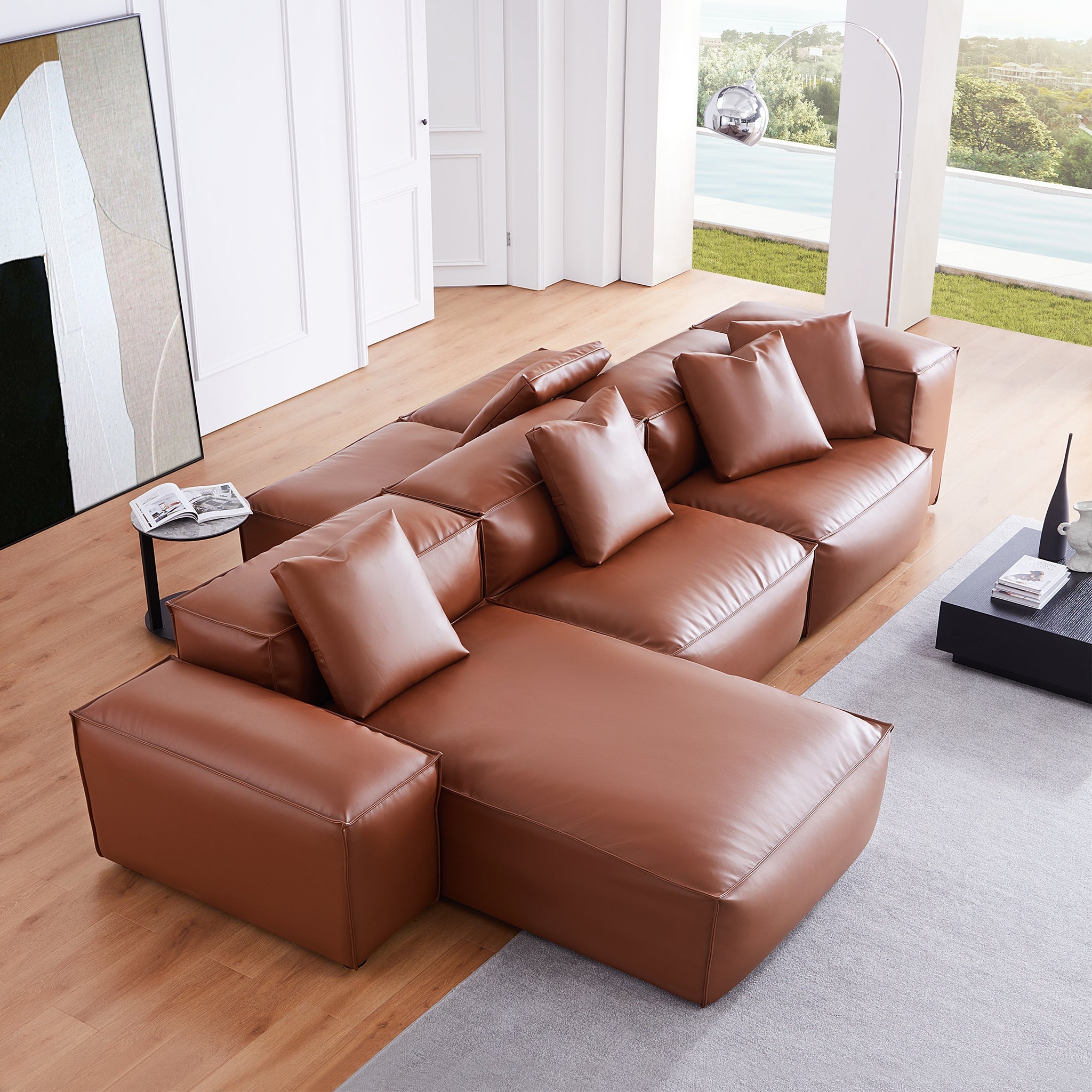 Cube Modular Khaki Genuine Leather Double-Sided Sectional