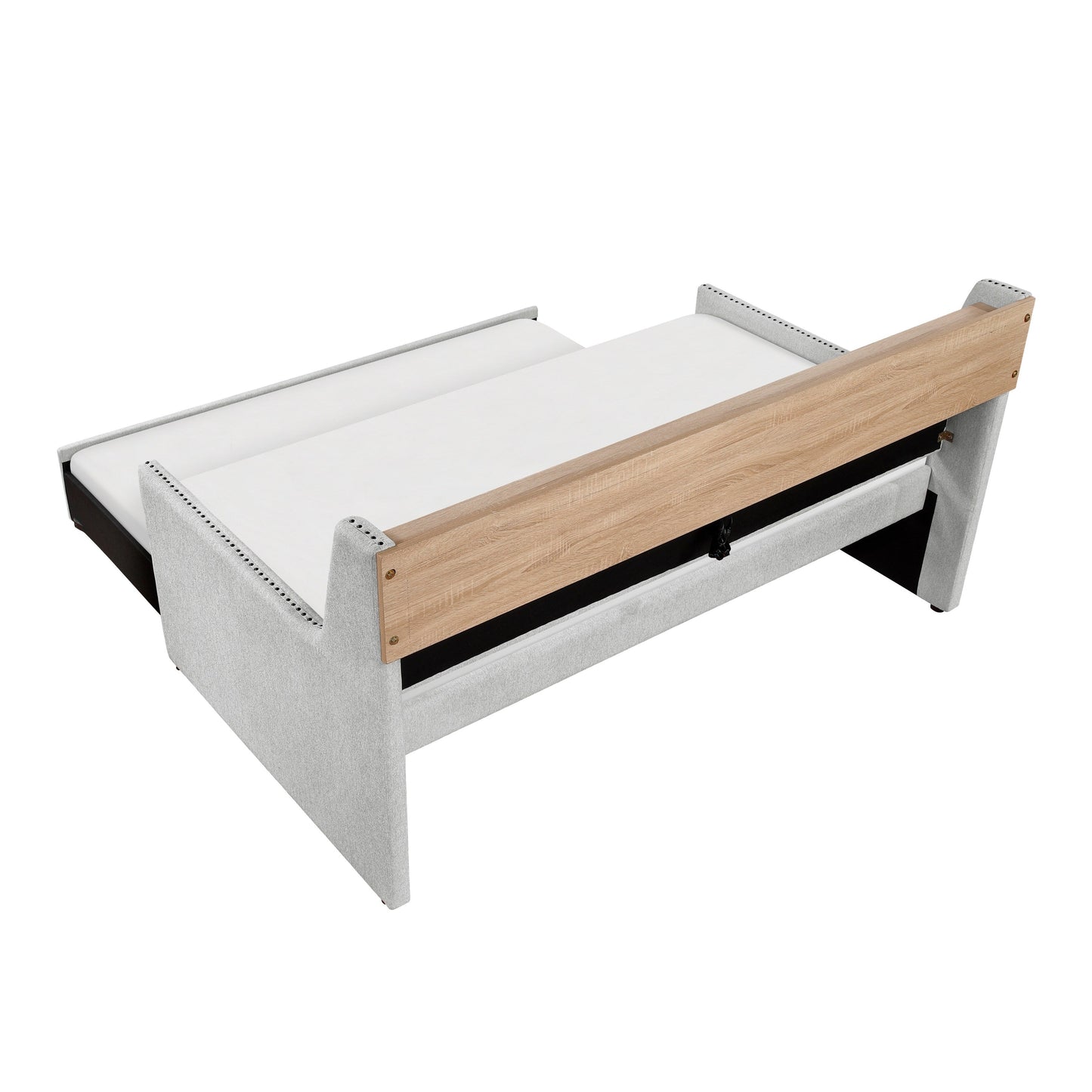 1 lit de repos gris clair avec lit gigogne coulissant, bibliothèque, panneau latéral, ports de charge, garniture cloutée, meubles de design moderne