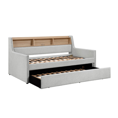 1 lit de repos gris clair avec lit gigogne coulissant, bibliothèque, panneau latéral, ports de charge, garniture cloutée, meubles de design moderne