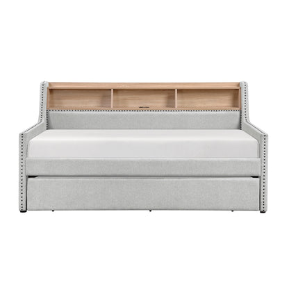 1 lit de repos gris clair avec lit gigogne coulissant, bibliothèque, panneau latéral, ports de charge, garniture cloutée, meubles de design moderne
