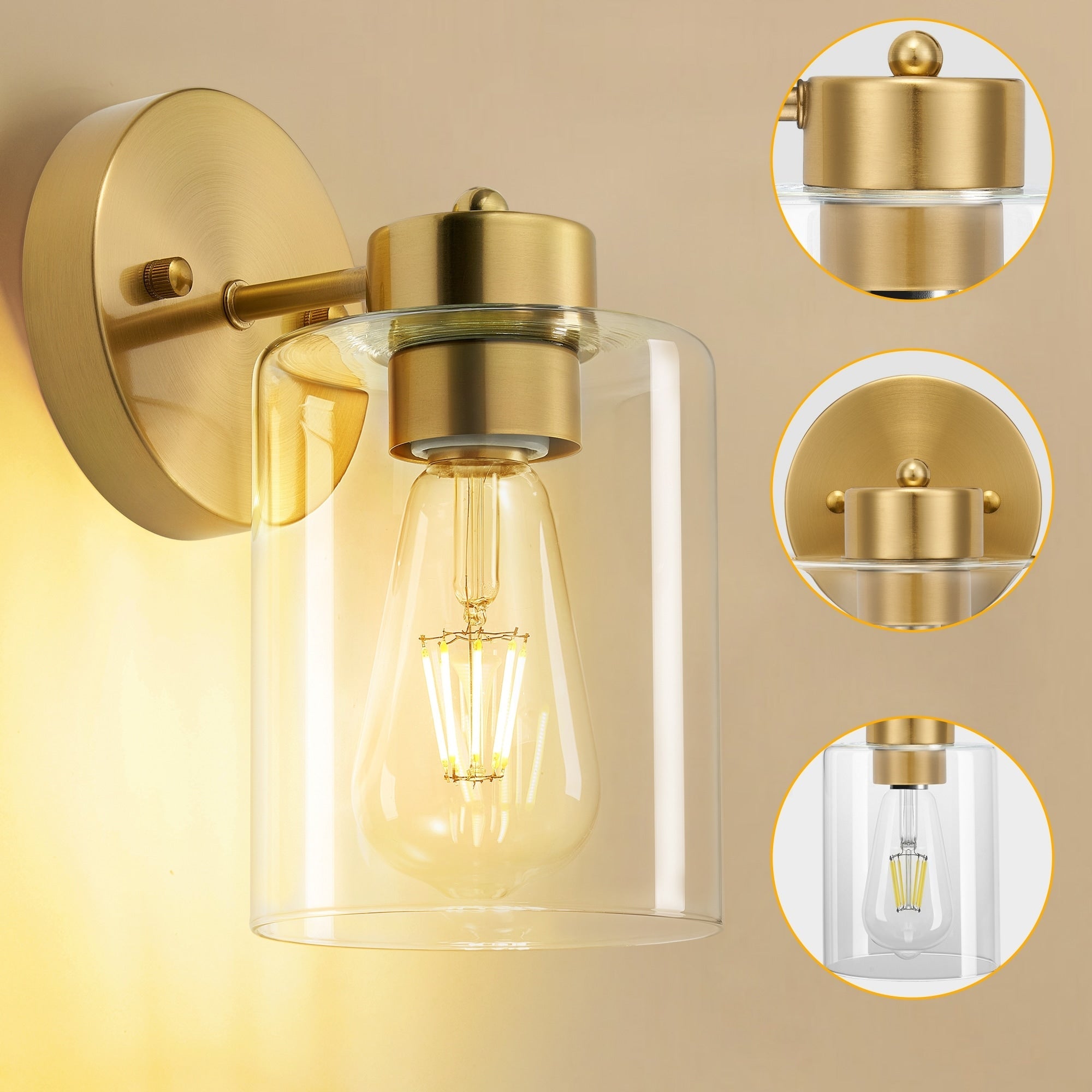 Lot de 2 appliques murales dorées, luminaire de salle de bain avec abat-jour cylindrique, chrome/nickel brossé/bronze huilé