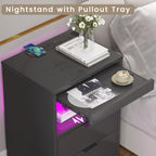 Table de chevet à 2 tiroirs avec LED et station de charge sans fil, étagère coulissante