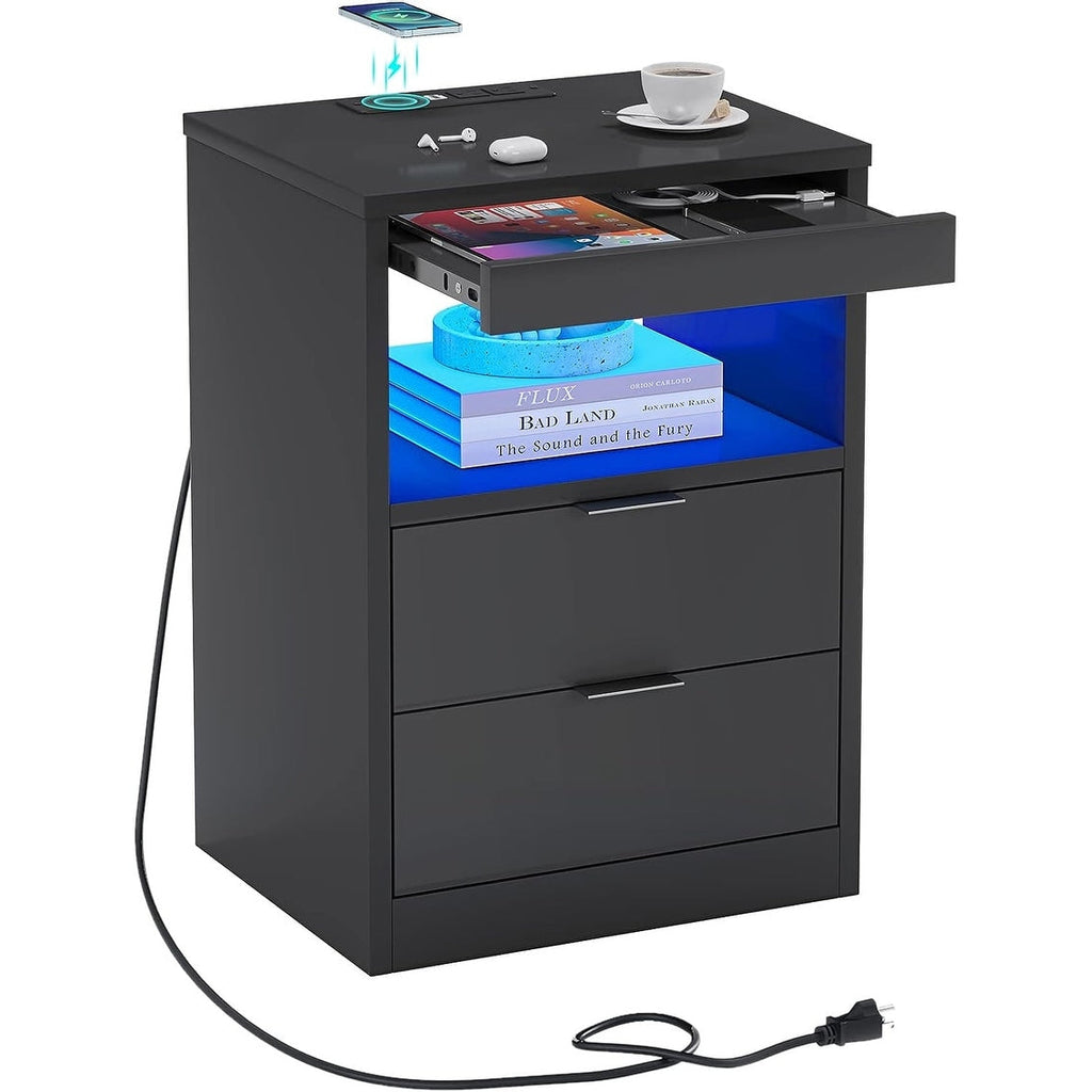 Table de chevet à 2 tiroirs avec LED et station de charge sans fil, étagère coulissante