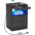 Table de chevet à 2 tiroirs avec LED et station de charge sans fil, étagère coulissante
