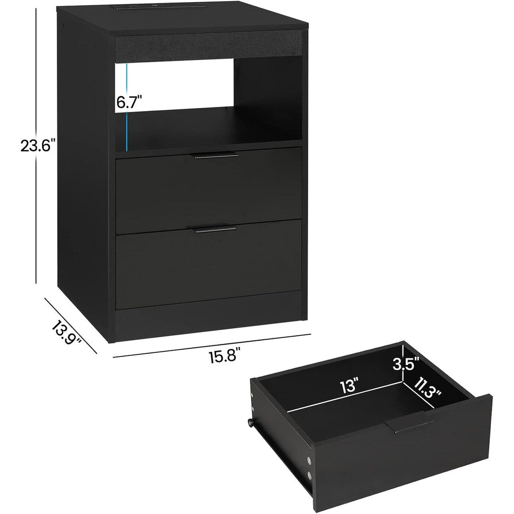 Table de chevet à 2 tiroirs avec LED et station de charge sans fil, étagère coulissante