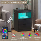Table de chevet à 2 tiroirs avec LED et station de charge sans fil, étagère coulissante