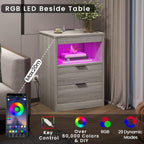 Table de chevet à 2 tiroirs avec LED et station de charge sans fil, étagère coulissante