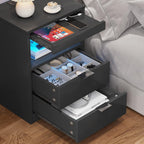 Table de chevet à 2 tiroirs avec LED et station de charge sans fil, étagère coulissante