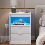 Table de chevet à 2 tiroirs avec LED et station de charge sans fil, étagère coulissante