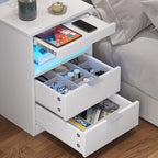 Table de chevet à 2 tiroirs avec LED et station de charge sans fil, étagère coulissante